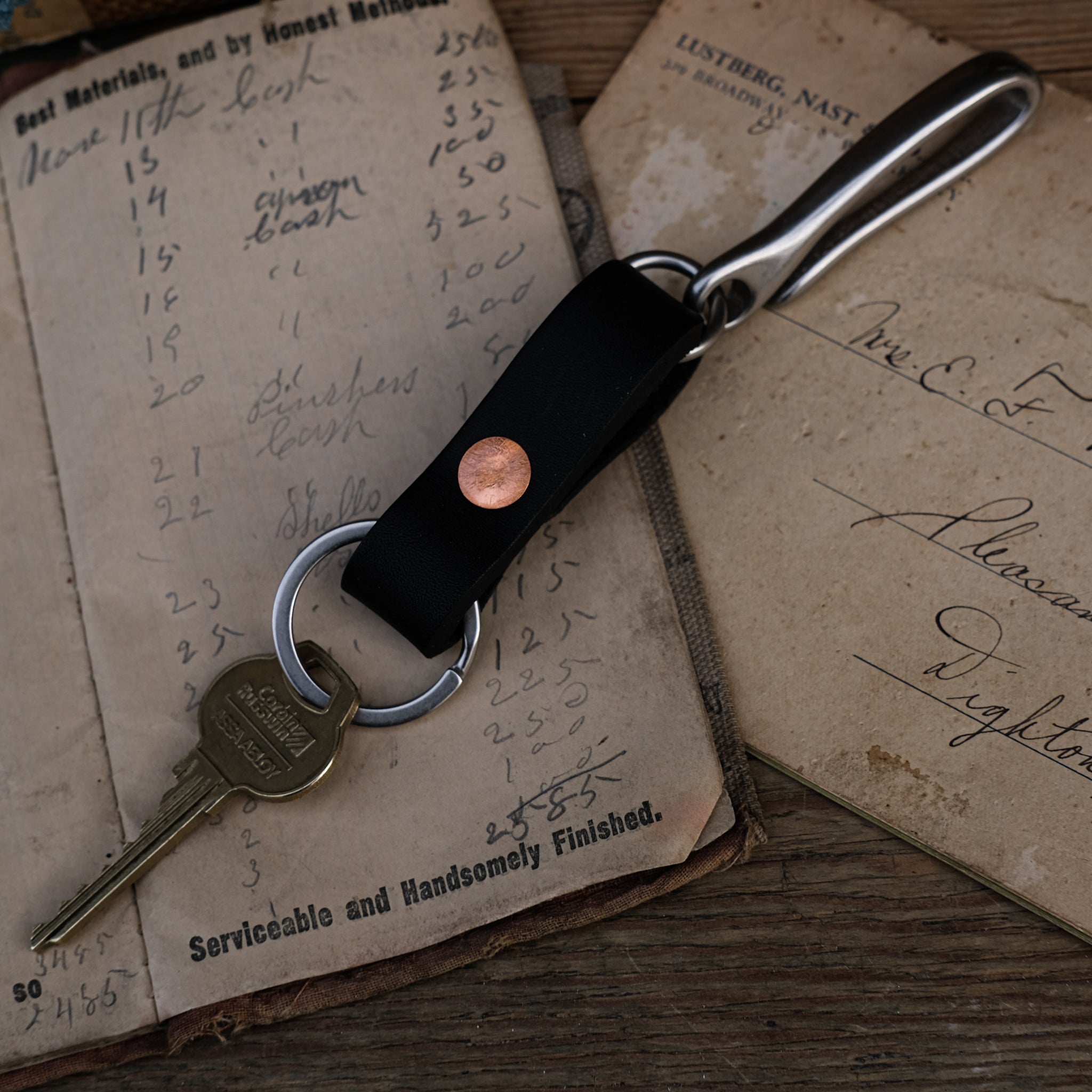 Hook Leather Keyfob, Leather Keychain by Hellhound Leather Co Nickel Plate